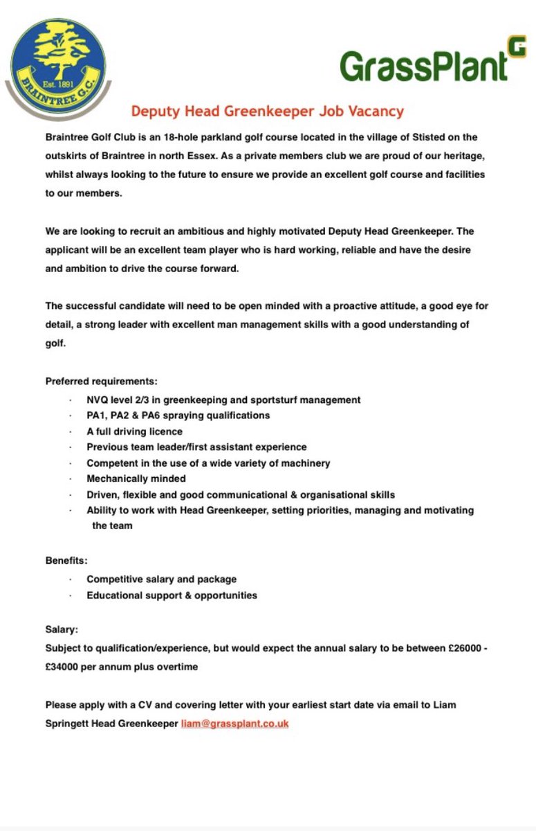 ✍️JOB OPPORTUNITY ✍️ <a href="/BraintreeGC/">Braintree Golf Club</a> <a href="/GrassPlantUK/">GrassPlant UK</a> <a href="/essexbigga/">Essex BIGGA</a> <a href="/BiggaSEregion/">Bigga South East Region</a> please share #greenkeeping #essexjobs #essexgolf #essexbigga #braintree