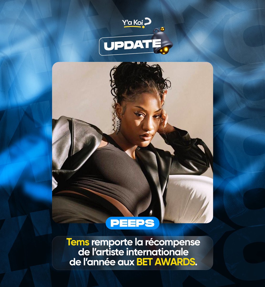 yakoimedia's tweet photo. 🔄[UPDATE PEEPS 🎵]

Les BET AWARDS ont eu lieu hier soir et la musique nigériane a encore eu droit de cité grâce à @temsgallery qui a remporté le prix de l'artiste internationale de l'année. https://t.co/lUYaK8xsMC