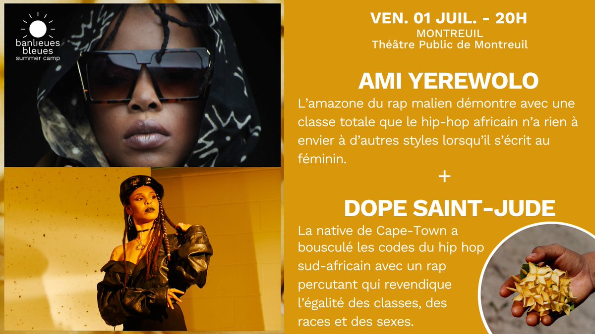 BANLIEUES BLEUES SUMMER CAMP ☀️ GRATUIT Amazone du rap malien et reine du Hip Hop sud-africain, les deux artistes nous font le plaisir d'être parmi nous ce vendredi au Théâtre Public de Montreuil. #BBSC22 #ssd93 #festival #worldmusic #summertime