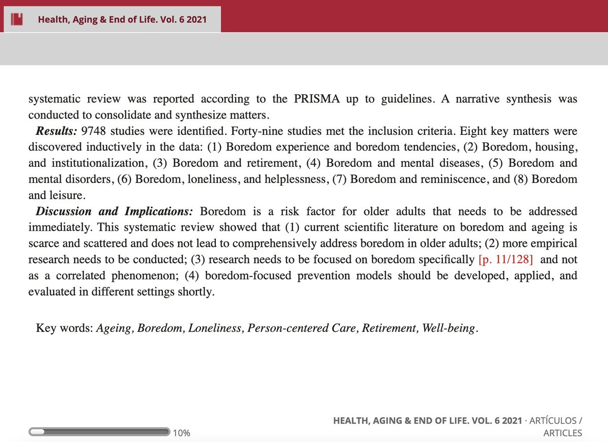 Feliz de anunciar que se ha publicado mi artículo "The Experience of #Boredom in Older Adults: A Systematic Review", una revisión en la que condenso toda la literatura académica sobre el #aburrimiento en los #mayores, en Health, Aging &amp; End of Life. Yay!
herdereditorial.com/health-aging-e….