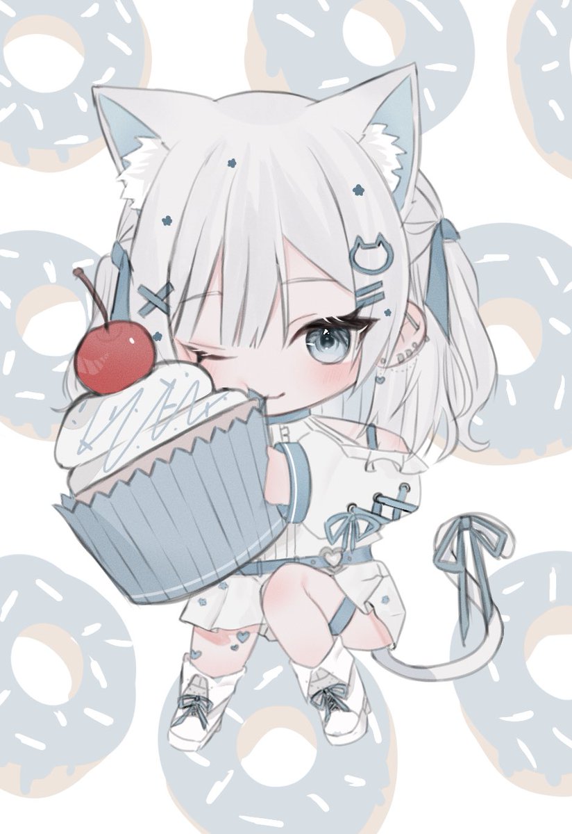 1girl animal ears tail one eye closed cherry cat ears solo  illustration images