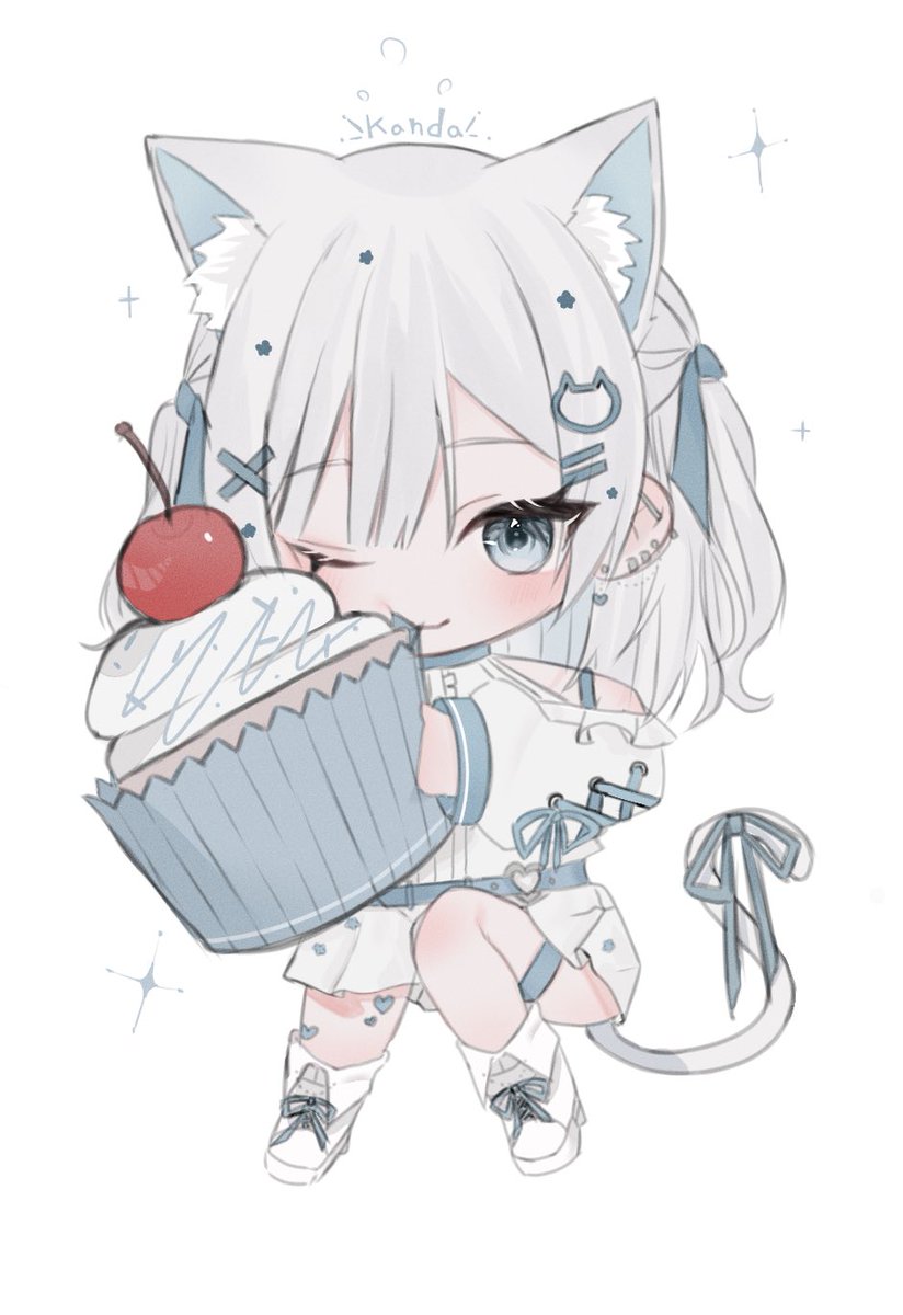 1girl animal ears tail one eye closed cherry cat ears solo  illustration images
