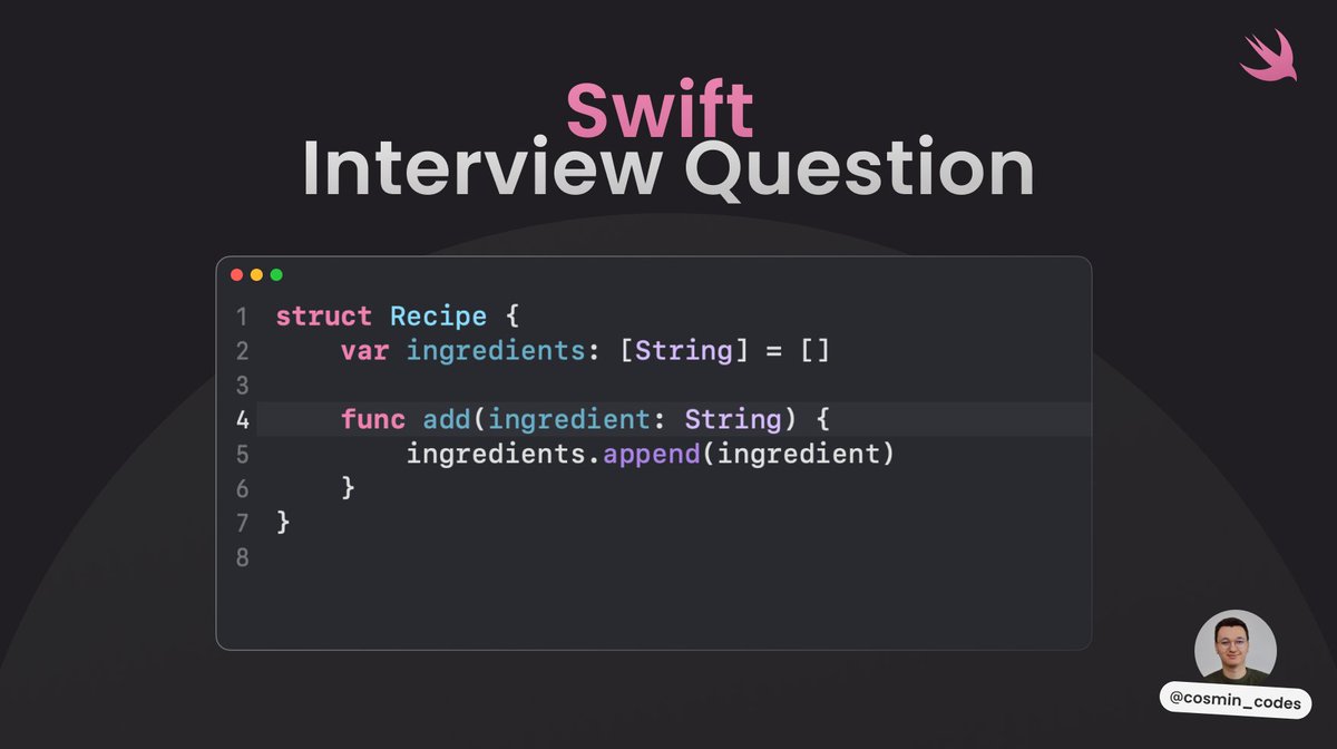 cosmincodes's tweet photo. 💡 Swift Interview Question

Is this code working fine? 🤔 If not, what's the problem? https://t.co/P1Hj5YWCNM