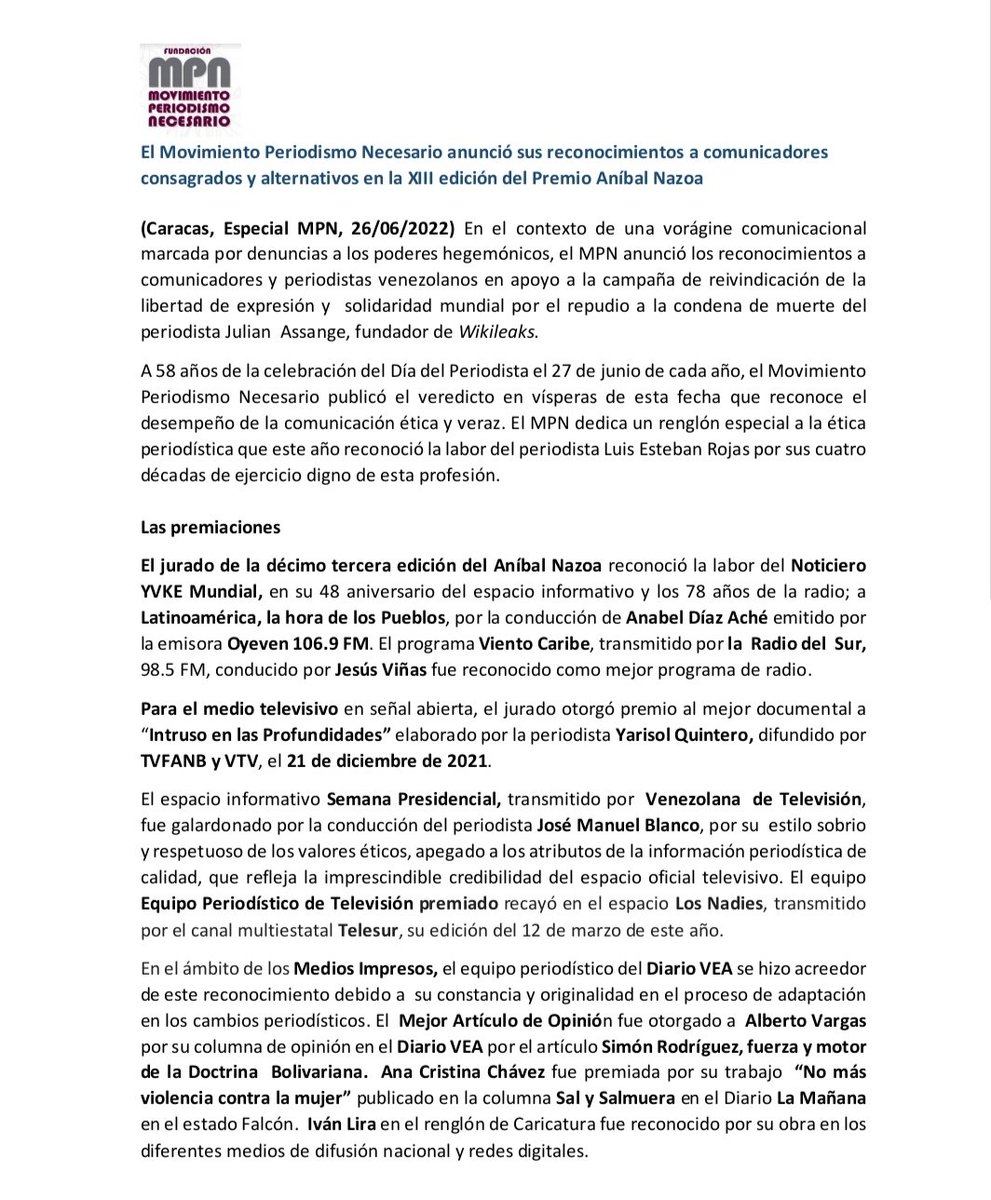 MPNecesario's tweet photo. #DiaNacionalDelPeriodista desde el #MPN🇻🇪 felicitamos a quienes ganaron el #PremioAnibalNazoa2022 y celebramos este día con periodistas,comunicadoras y comunicadores,apegados a la ética y la información veraz  #PorLibertadDeExpresion 
#FreeAssangeTODAY
#LibertadParaJulianAssange https://t.co/9DWYWbVXVu