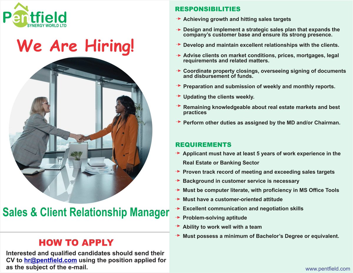 Pentfield SWL (@pentfieldn) on Twitter photo We are Hiring for the position of SALES & CLEINT RELATIONSHIP MANAGER.
Are you qualified? Kindly send your CV to hr@pentfield.com using the position applied for as the subject of the E-mail.
#vacancy #realestate #realestateagent #realtor #abujaproperties #abujarealestate We are Hiring for the position of SALES & CLEINT RELATIONSHIP MANAGER.
Are you qualified? Kindly send your CV to hr@pentfield.com using the position applied for as the subject of the E-mail.
#vacancy #realestate #realestateagent #realtor #abujaproperties #abujarealestate