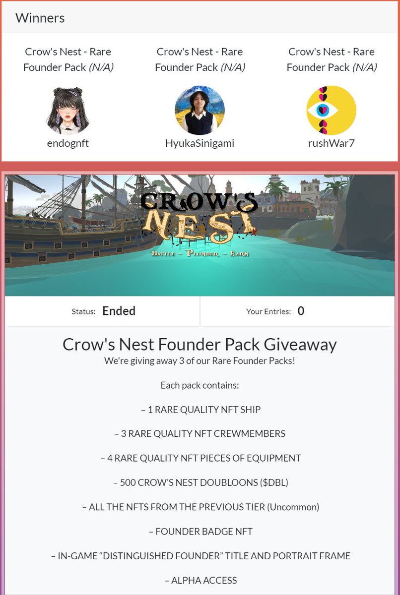 PlayCrowsNest's tweet photo. Congratulations to @endognft, @rushWar7 and @HyukaSinigami for winning our Founder Pack Giveaway!
We look forward to seeing your adventure in our game's universe!
For the rest of the participants, thank you, and do not worry, more booty will be available soon. #NFT #NFTGiveaway https://t.co/vKphsbjifq