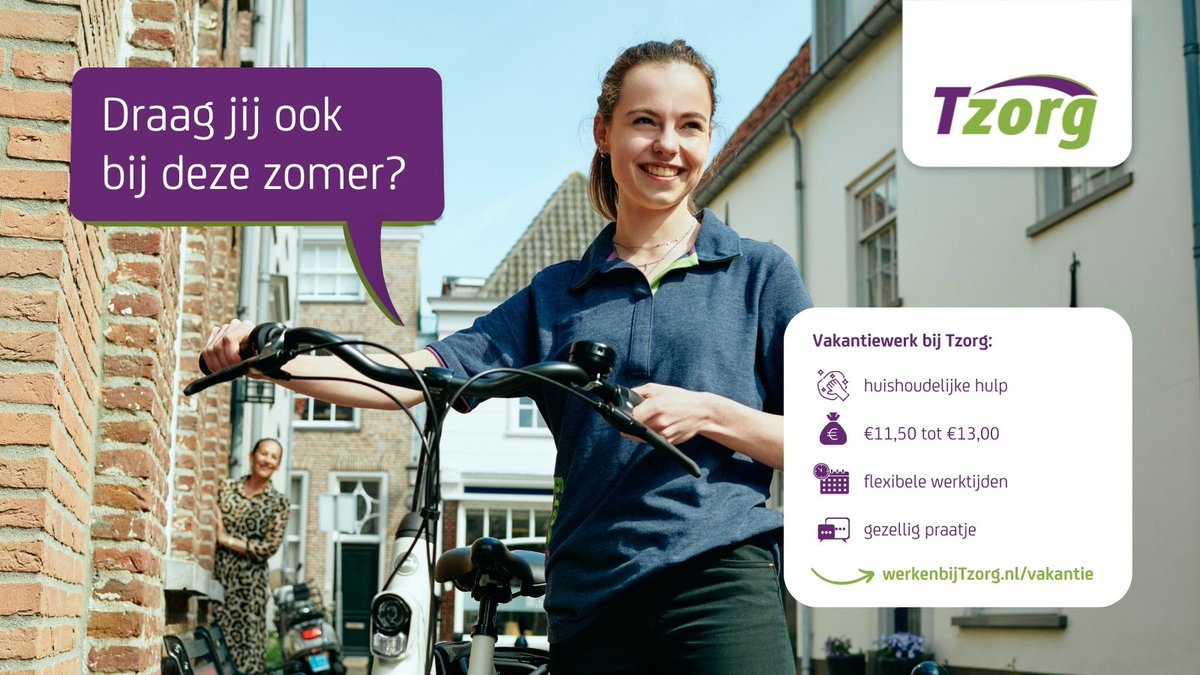 Vakantiewerk bij Tzorg is zoveel meer! Als vakantiekracht bij Tzorg draag jij bij aan een schoon en fijn huis voor onze cliënten.

Werk wanneer jij beschikbaar bent en verdien tussen de €11,50 en €13,00 per uur. Meer over dit
zeer dankbare werk? bit.ly/3tRk6RL