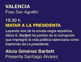 Mañana, a las 19:30h en Fnac San Agustín, Santiago Álvarez conversará con Alicia G. Bartlett para 'Matar a la presidenta' 🔪  #valencianegra #valencia #escritoras #lecturas