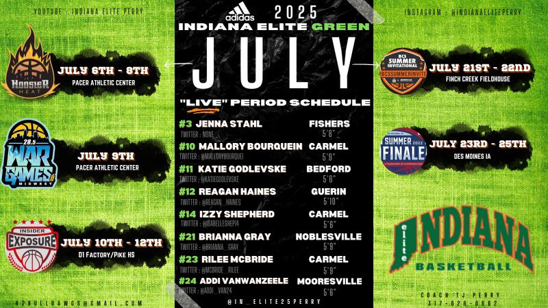 Excited for another July LIVE period &amp; opportunity for our 2025’s to get better!  We appreciate all your feedback from April and May.  We look forward to seeing all the coaches back on the baselines to see this talented young group! @IndianaEliteWBB 🟠🟢Rosters &amp; Schedules👇👇👇