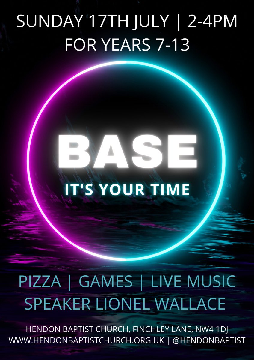 BASE for 11-18 yr olds. Sunday 17th July, 2-4pm at Hendon Baptist Church (NW4 1DJ) Join us for pizza, games, live music from Jerome Silva &amp; a message from Aeronautical Engineer and Lawyer, Lionel Wallace. Free event. <a href="/SMSJ_London/">St Mary's & St John's CE School</a> <a href="/8thHendonScouts/">8th Hendon Scout Group</a> <a href="/london_trinity/">Trinity Church London</a> <a href="/ChristChurchLDN/">Christ Church London</a>