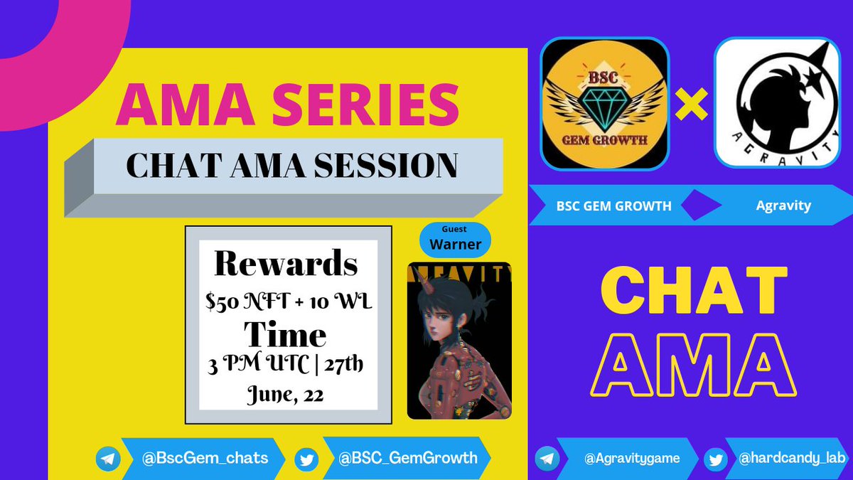 We're thrilled to host AMA with Agravity

Time: 27th June | 3 PM UTC 
Tg:
@BscGem_chats
 &amp;
@Agravitygame

👉Rewards: 50$ NFT + 10 WL

👉Join AMA here 👇
@BscGem_chats
👉Requirements:
Follow Twitter:
<a href="/BSC_GemGrowth/">BSC Gem Growth</a>
 &amp; 
@hardcandy_lab
Like, RT, Tag your 3 Friends