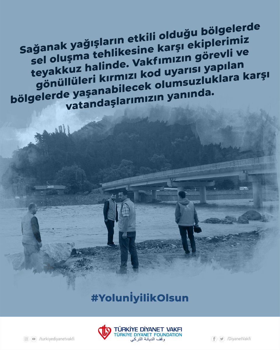Sağanak yağışların etkili olduğu bölgelerde sel oluşma tehlikesine karşı ekiplerimiz teyakkuz halinde. Vakfımızın görevli ve gönüllüleri kırmızı kod uyarısı yapılan bölgelerde yaşanabilecek olumsuzluklara karşı vatandaşlarımızın yanında.  

#YolunİyilikOlsun