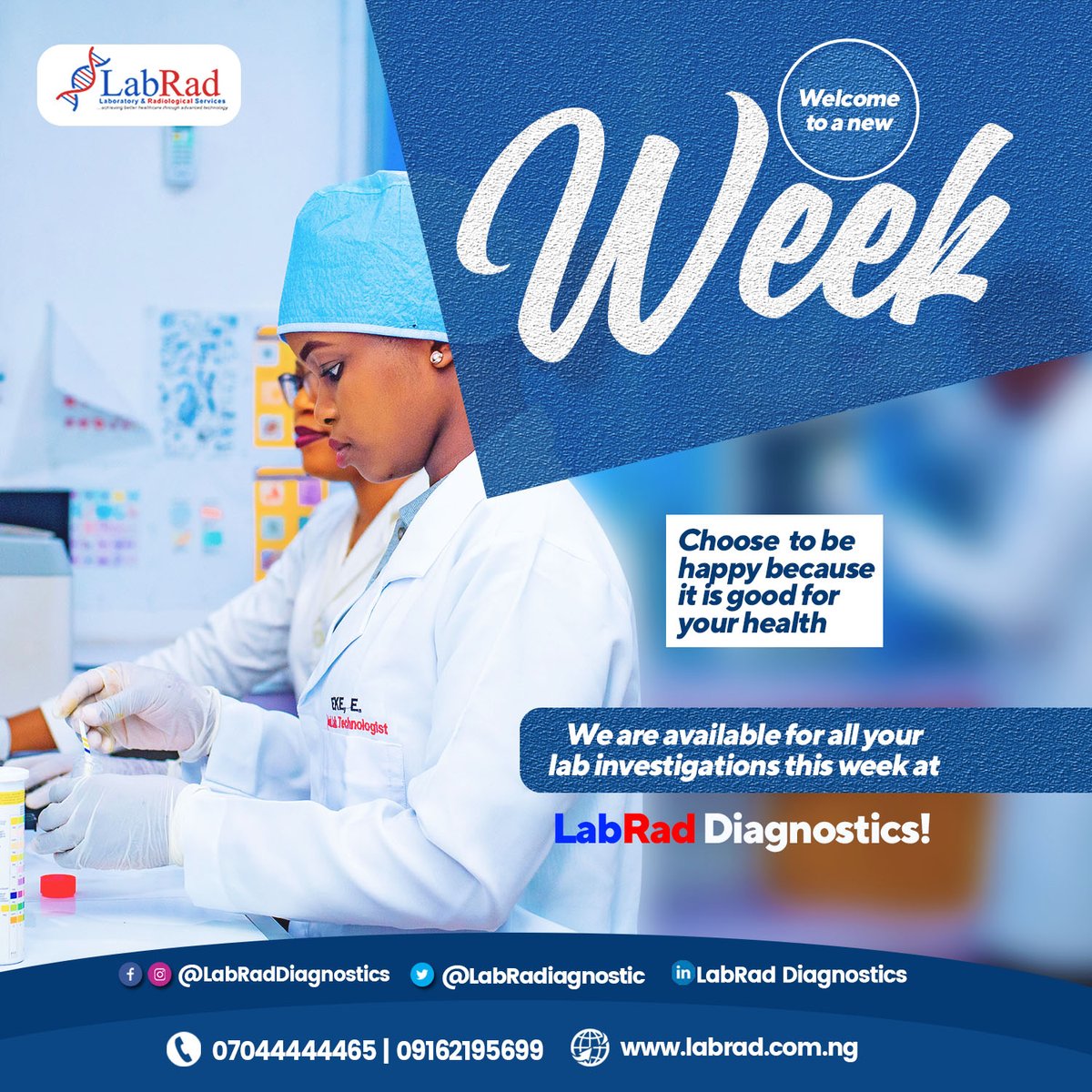 labradiagnostic's tweet photo. Happy new week from all of us at LabRad Diagnostics.
We are available for all your laboratory investigations this week.
Have a great week!
#LabRadDiagnostics #LabRad #newweek https://t.co/orJKoQOziK
