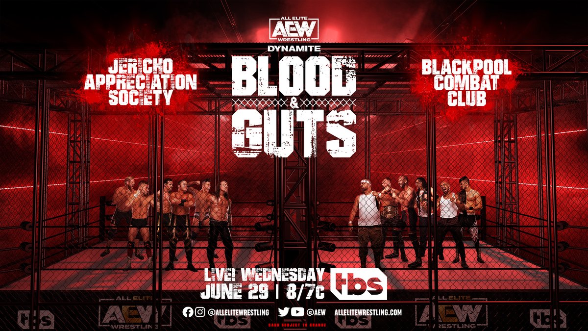 AEW's tweet photo. After their victory at #ForbiddenDoor, the #JerichoAppreciationSociety will enter #BloodAndGuts with a man advantage over the #BlackpoolCombatClub. Watch it LIVE TOMORROW at 8/7c on @TBSNetwork! Don't miss your chance to experience it in person: tickets at https://t.co/UN1cNj1kQq https://t.co/M6V5VD4Lus