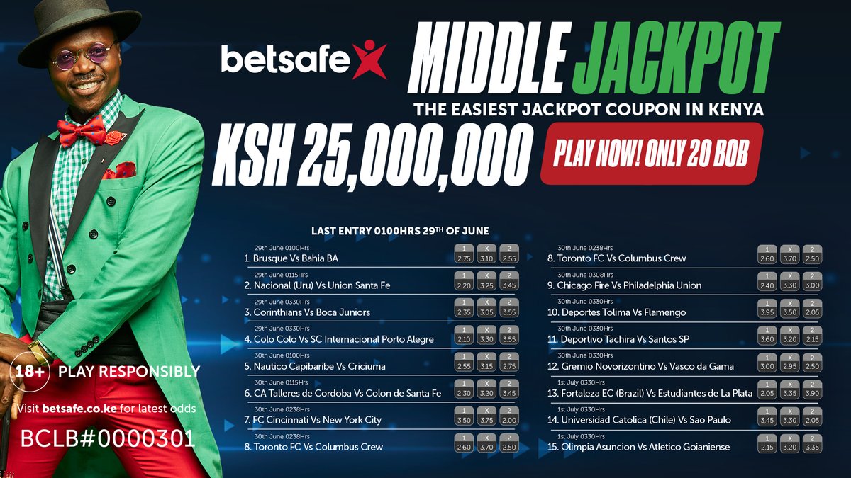 Betsafe_KE's tweet photo. Changamsha wiki na Ksh.25M ya Middle Jackpot. Ni 20bob.
              
Bonuses to be won for 0,12,13 &amp; 14 correct predictions.

Play here:https://t.co/dmqyf4vxFW

#Betsafe #MiddleJackpot https://t.co/gGYjCdJXqV