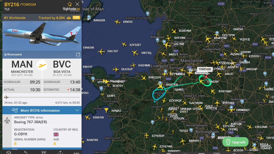 Daniel67786787's tweet photo. Two #squawk7700-Ermergency-signals at the same time. #TUI-Flight #BY216 /#TOM5GM #GOBYK circling around #Manchester and #Liverpool-area for over 2,5 Hours.
Seems on runway approach now.#Flightradar #flightradar24 https://t.co/5fbUQJLEp1
