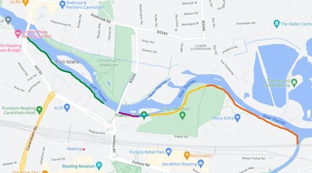 ReadingCouncil's tweet photo. The Thames Path will be closed in sections between Horseshoe Bridge and Caversham Bridge from tomorrow for several weeks for vital improvements to the path. Stages will be from east to west as shown, with focus this week on Horseshoe Bridge to King’s Meadow. Diversions in place. https://t.co/FQrPa03r2W