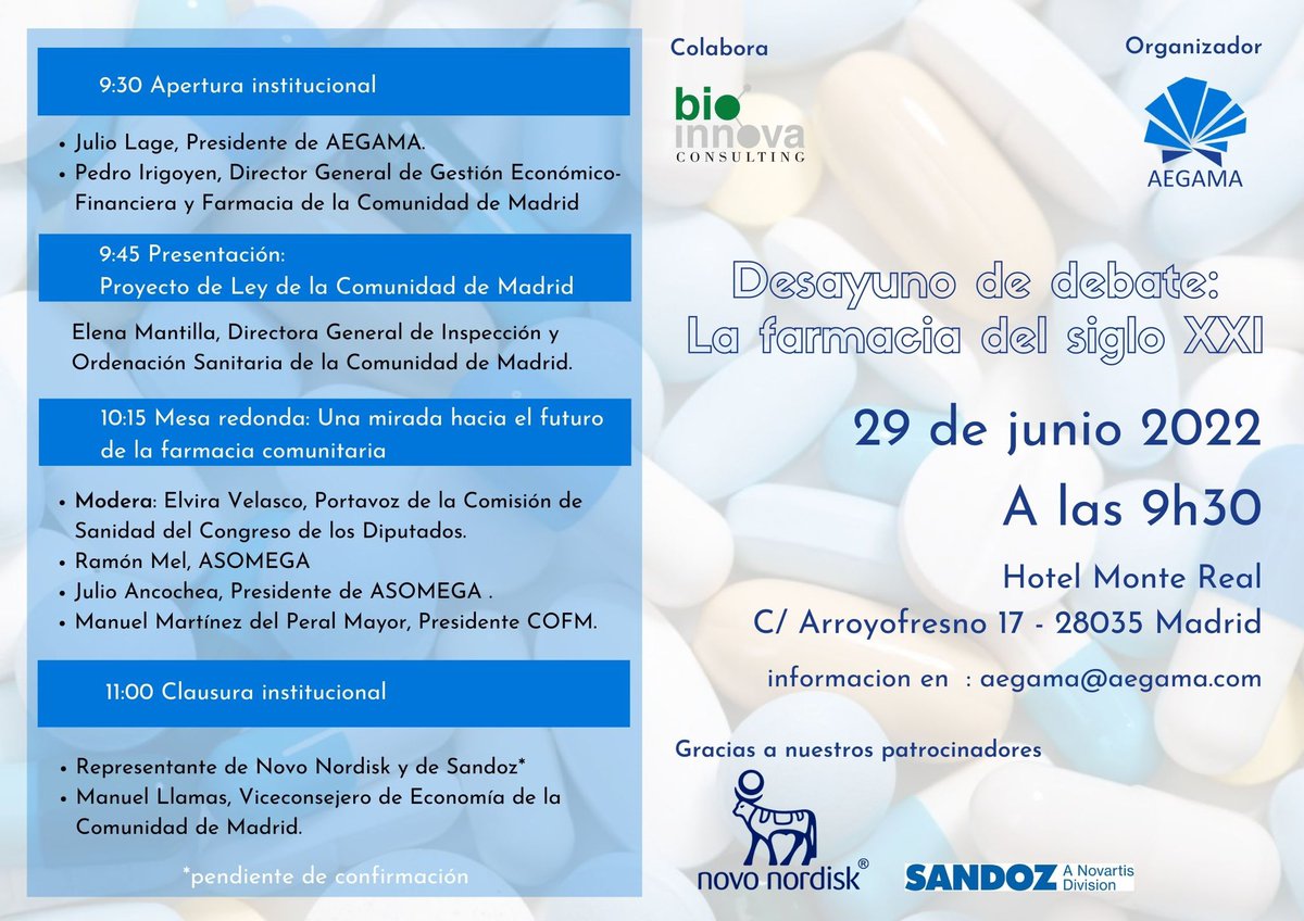 COFMadrid's tweet photo. 📆Este miércoles, 29 de junio, @Manuelmperal participará en el debate: "La Farmacia del Siglo XXI" dónde presentará el Proyecto de #LeydeFarmacia junto a @ElenaMantillaG1 y otros reconocidos expertos del sector en la Mesa redonda:"Una mirada hacia el futuro de la farmacia". https://t.co/wwlvjz1jY3