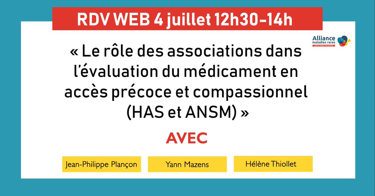 AllianceMR's tweet photo. 📅 [SAVE THE DATE #RDVWEB] 

⏰ Ne ratez pas le @rdvweb dédié au "rôle des associations dans l’évaluation du médicament en accès précoce et compassionnel (HAS et ANSM)" le 4/07 😎

⚠️ Inscription obligatoire :  https://t.co/EQ5YZsxiU5 

Faisons alliance pour les #maladiesrares 🤝 https://t.co/YtryCKxixs