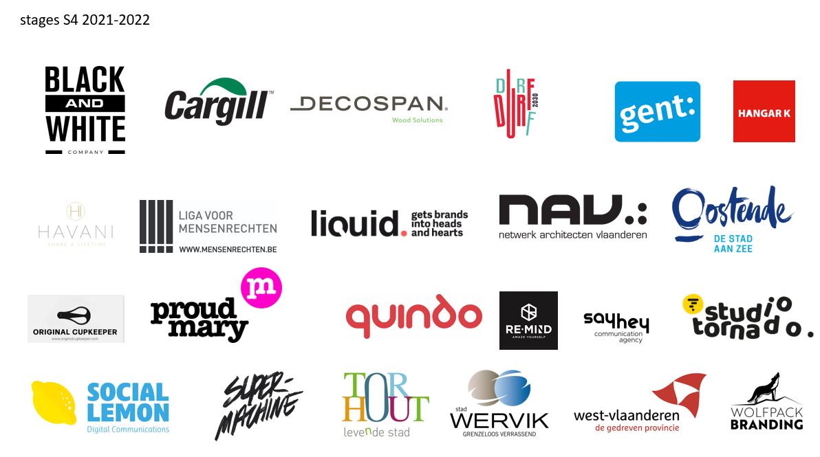Bedankt aan deze organisaties waar onze tweedejaars van de opleiding communicatie aan <a href="/howest/">Howest</a> stage mochten lopen, met o.a. <a href="/Stadgent/">Stad Gent</a> , <a href="/Cargill/">Cargill</a> , <a href="/wearehangark/">Hangar K</a>, <a href="/StadaanZee/">Stad Oostende</a> , <a href="/MedialabQuindo/">Quindo</a> , <a href="/provinciewvl/">Provincie West-Vlaanderen</a>