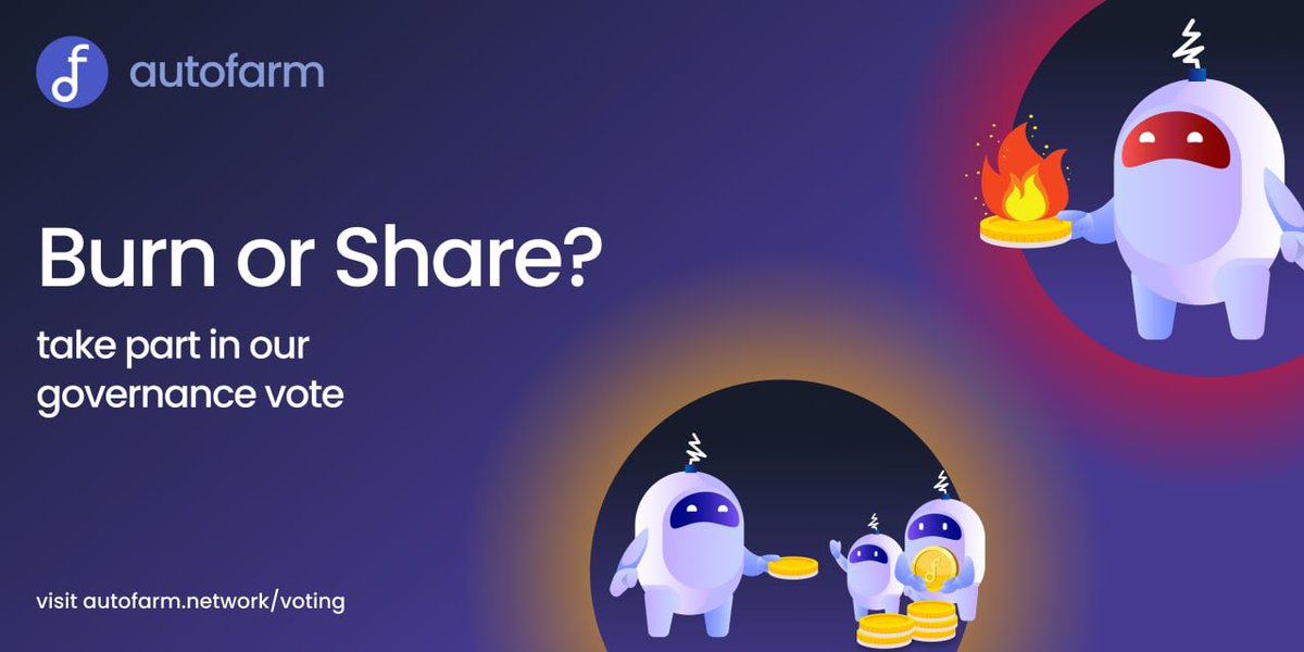 autofarmnetwork's tweet image. 👩‍🌾 Howdy #AutoFam !
Next platform fee allocation governance vote coming up, vote for 🔥burn or 💰revenue!

⏱Snapshot: 29 June 10:00AM UTC
🗳Vote: 29 June 11:00AM (runs for 48 hrs)

Make sure you have your $AUTO staked in the SAV2 to be eligible to vote 👇
autofarm.network/bsc/677/