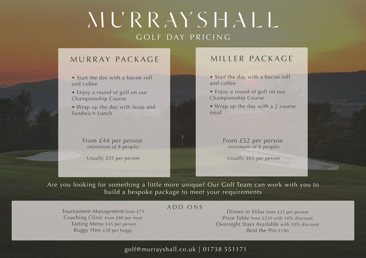 Murrayshall's tweet photo. Last chance to save 20% on Group Golf Days Packages at Murrayshall if you book before the end of June 2022.
To book please get in touch with the team below:
✉️ golf@murrayshall.co.uk
☎️ 01738 551171
#groupgolf #golfdays #golfperthshire #scotlandgolf #escapetheordinary https://t.co/WgBgLEIZ6y