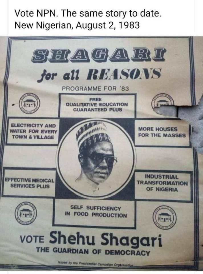 KolaOyeneyin's tweet photo. 30 years ago (1983), Shehu Shagari was campaigning on the 6 agenda items in this poster. He may well have been campaigning today. Same issues then, same issues now. 30+ years, and it feels like we’re going round in circles. One step forward, 5 steps back. But I am hopefully 🙏🏾 https://t.co/H4DSJQg8hN