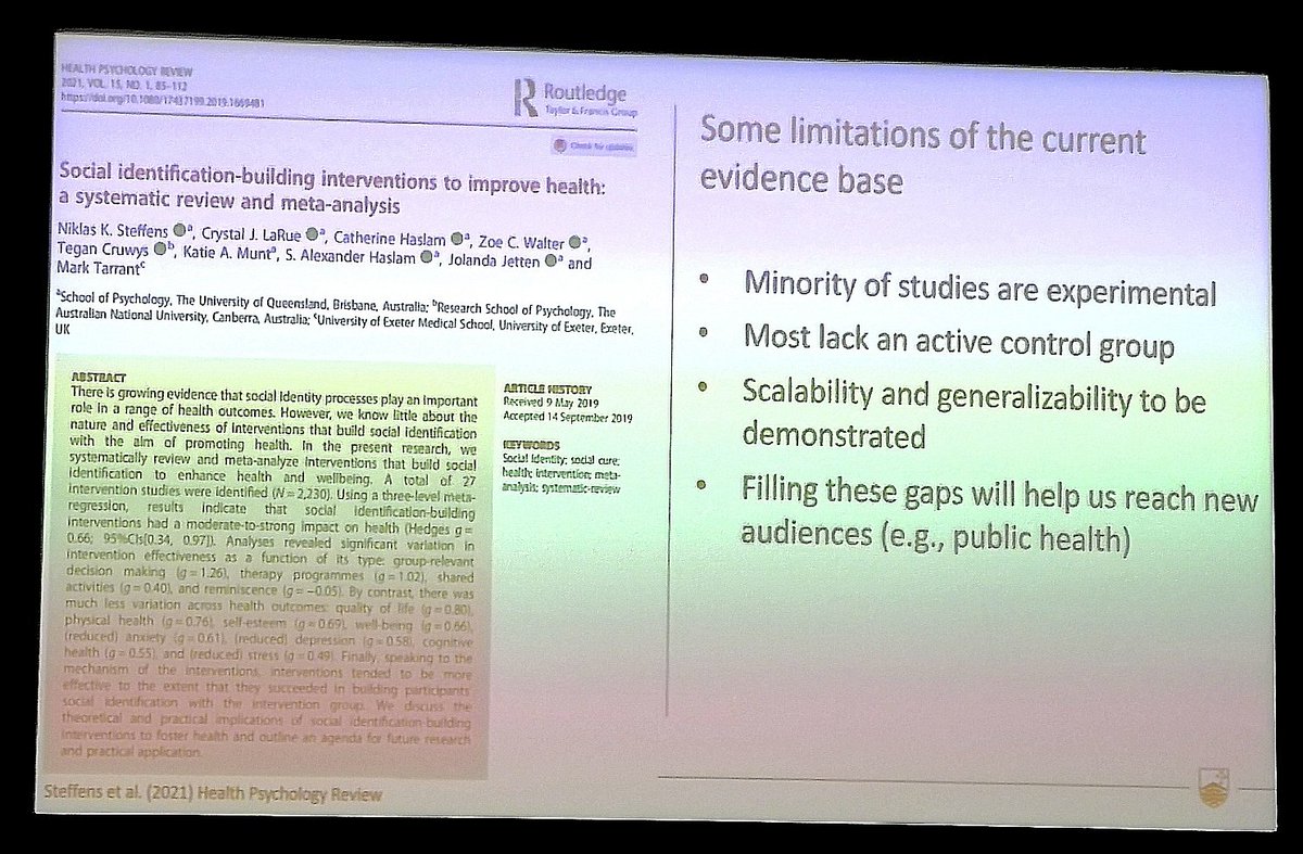 We need to talk about group processes in health interventions. Slides from #ICSIH5 : <a href="/alexanderhaslam/">Alex Haslam</a> the centrality of social connectedness to health; <a href="/LauraSHollands/">Laura Hollands</a> and @marktarrant_91 on impact of group processes on outcomes; Tegan Cruwys on convincing public health sector.