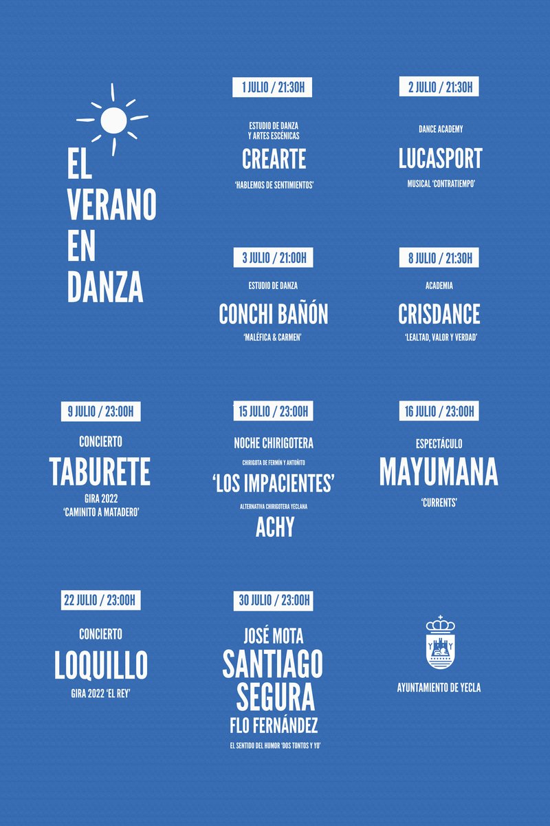 AytoYecla's tweet photo. Recordamos que hoy lunes 27 de junio, desde las 19:30 h. se ponen a la venta las entradas, en las taquillas del Teatro "Concha Segura", de los espectáculos de ‘El verano en danza’ . Desde mañana martes 28 de junio se podrán adquirir también  a través de la web de InstanTicket’ https://t.co/SZvuToDxQs
