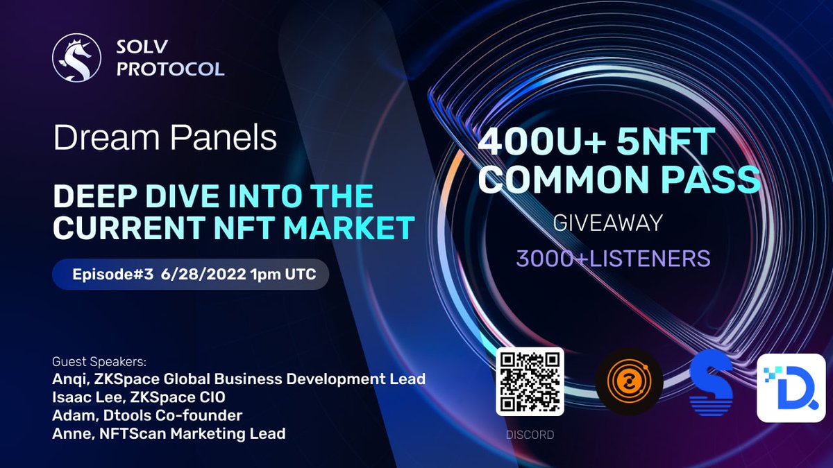 Solv Protocol (@solvprotocol) on Twitter photo ๐Tune in for our 3rd #DreamPanel in Solv Discord with Anqi & Issac of <a href="/ZKSpaceOfficial/">ZKSpace ๐ช | ZK Layer2 Eco</a>, Adam of @DtoolsTeam, and @Anne_Zhang7 of <a href="/nftscan_com/">NFTScan</a> for a deep dive into the #NFT market!
๐ฐ$400 Giveaway
๐ผ 5 NFT Common Passes
๐Tue, June 28 1PM UTC
Reminder:
discord.gg/3eWj2Gdz?eventโฆ ๐Tune in for our 3rd #DreamPanel in Solv Discord with Anqi & Issac of <a href="/ZKSpaceOfficial/">ZKSpace ๐ช | ZK Layer2 Eco</a>, Adam of @DtoolsTeam, and @Anne_Zhang7 of <a href="/nftscan_com/">NFTScan</a> for a deep dive into the #NFT market!
๐ฐ$400 Giveaway
๐ผ 5 NFT Common Passes
๐Tue, June 28 1PM UTC
Reminder:
discord.gg/3eWj2Gdz?eventโฆ