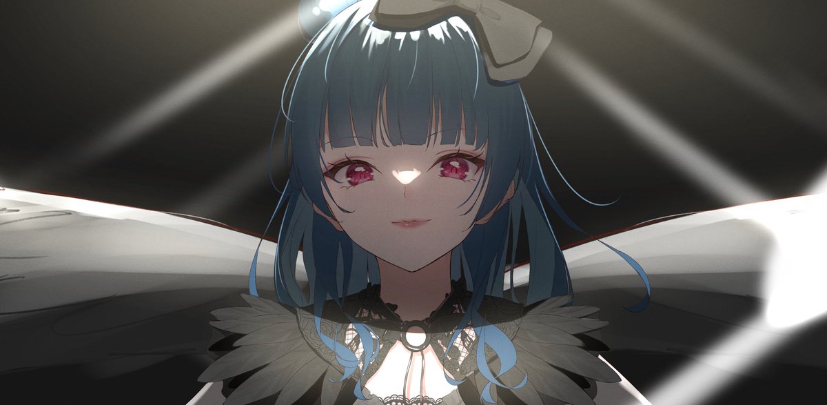 tsushima yoshiko 1girl solo blue hair looking at viewer bangs wings smile  illustration images