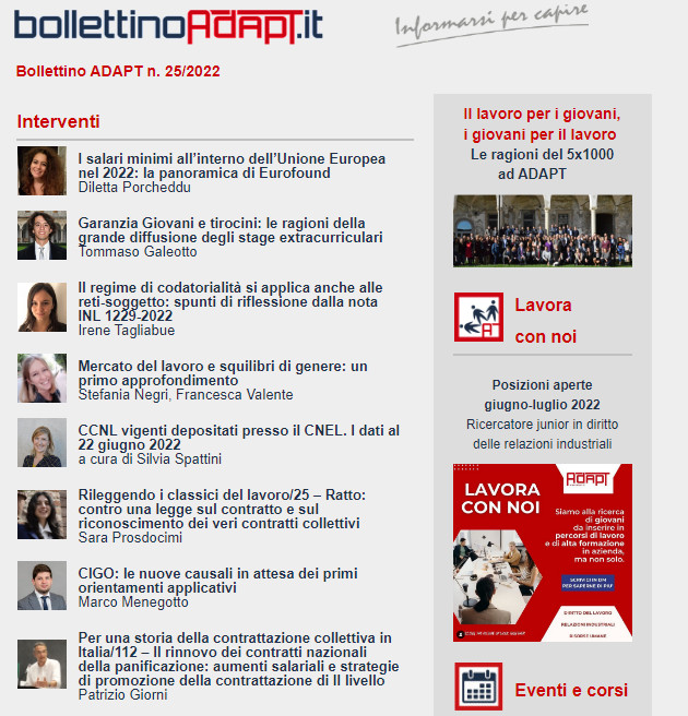 #BollettinoADAPT n. 25/2022 
#salariominimo #garanziagiovani #gendergap #classicidellavoro #cigo #lavorodomestico #contrattazionecollettiva #relazioniindustriali 

Leggi qui: mailchi.mp/adapt/bolletti…

Iscriviti alla newsletter: bit.ly/3w8a5kU