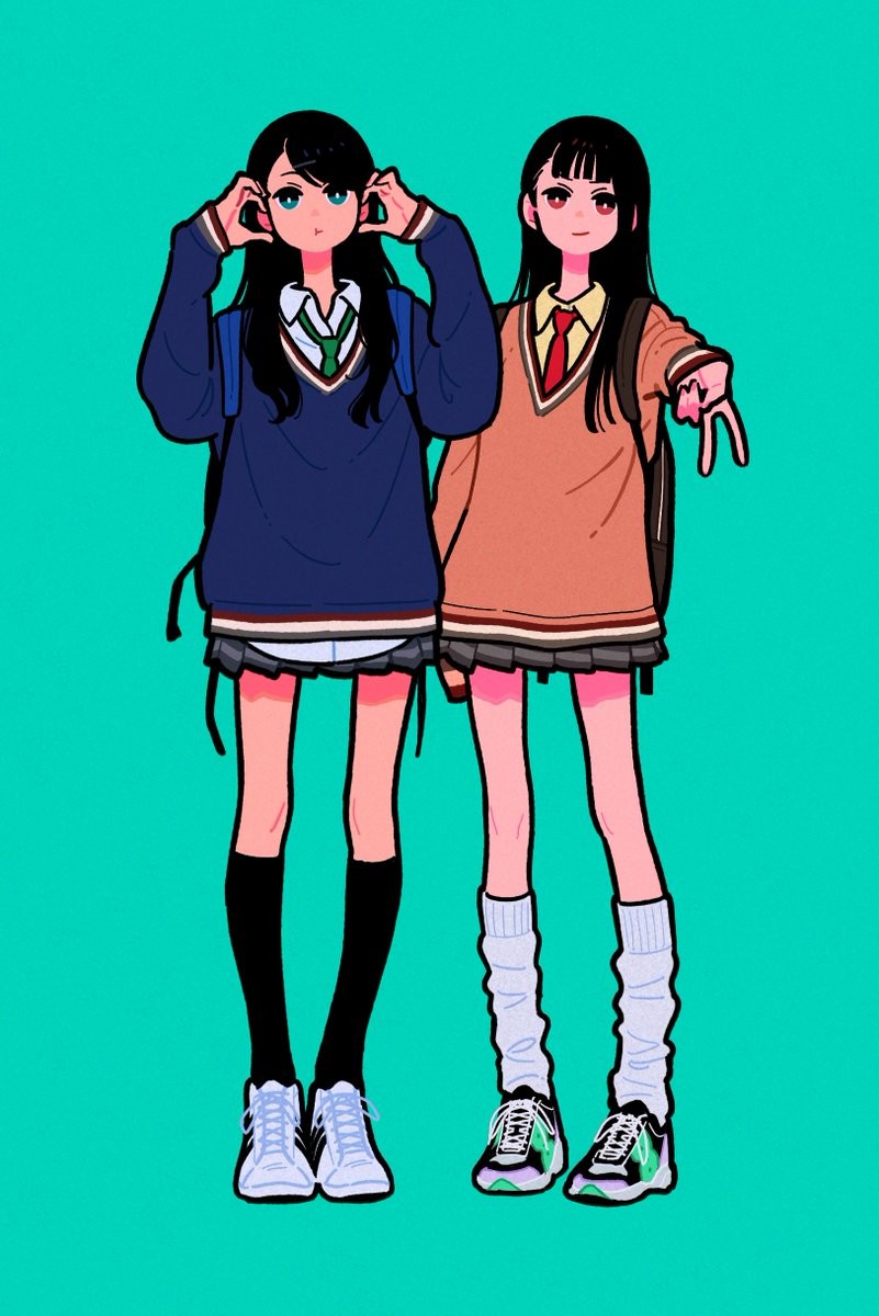 multiple girls 2girls black hair socks necktie skirt shoes  illustration images