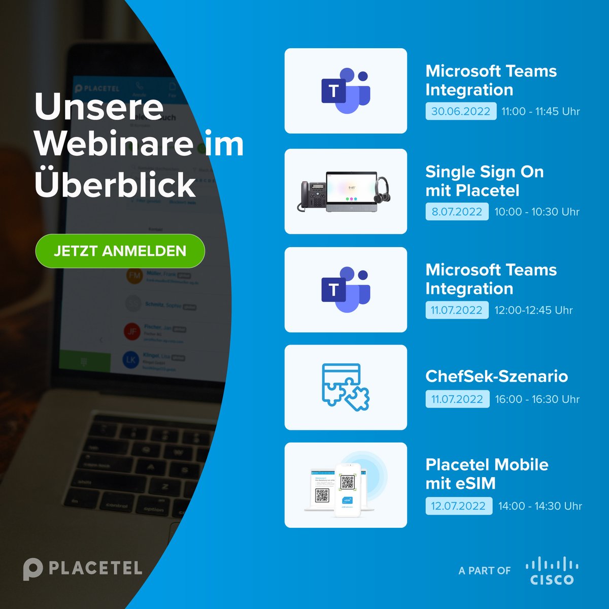 Kalender zücken und Termine notieren! 📅 🙌

Wir haben wieder eine Menge Webinare für euch vorbereitet: Von unserer Microsoft Teams Integration, über das ChefSek Szenario bis hin zu Placetel Mobile mit #eSIM.

Meldet euch jetzt direkt kostenlos an: placetel.de/unternehmen/we…