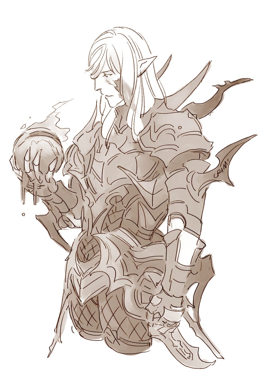 armor solo pointy ears holding long hair monochrome shoulder armor  illustration images
