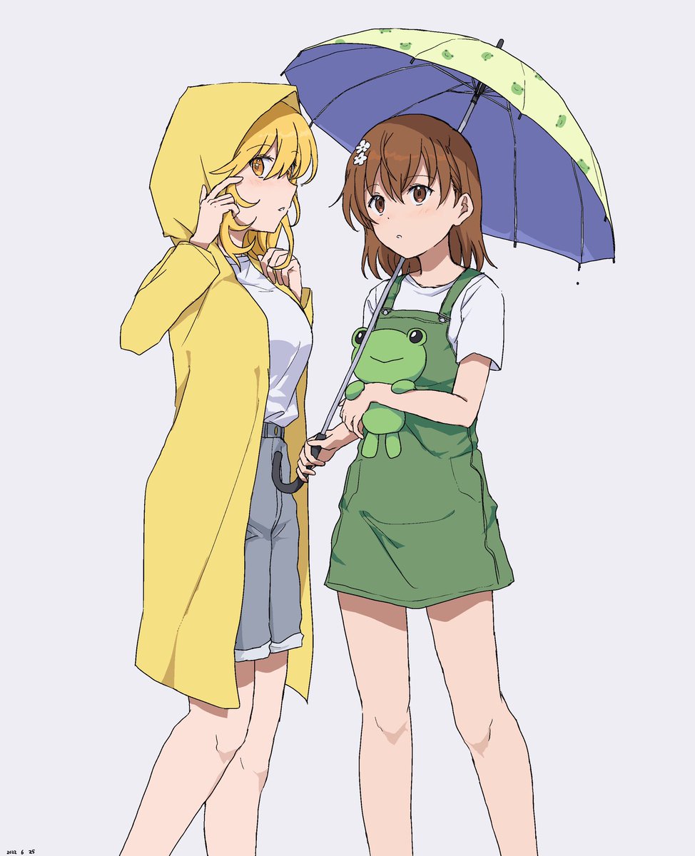misaka mikoto multiple girls raincoat 2girls blonde hair shirt brown hair umbrella  illustration images