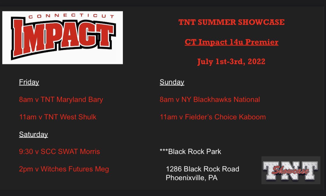 CTimpact14u's tweet photo. Weekend #4: here is our TNT schedule! We are ready to go play more great competitors #makeanimpact https://t.co/6GN8oa4WYl