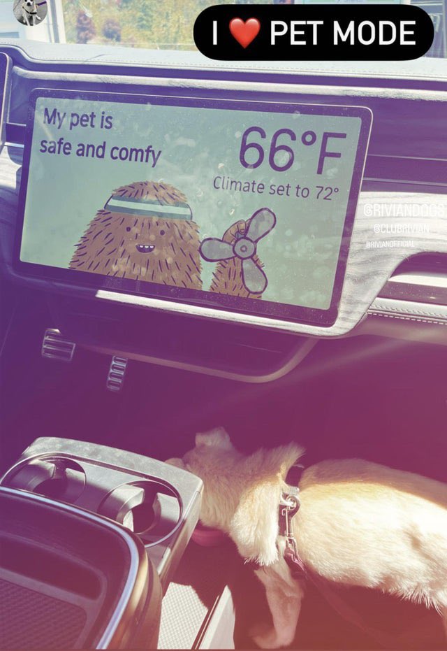 RivianUpdates's tweet photo. A Rivian software beta tester just gave a glimpse at ‘Pet Mode’ which may be coming in the next Rivian software update 2022.8
What other software features would you like to see? 🐾 #rivian #petmode https://t.co/giEPxNfr0D