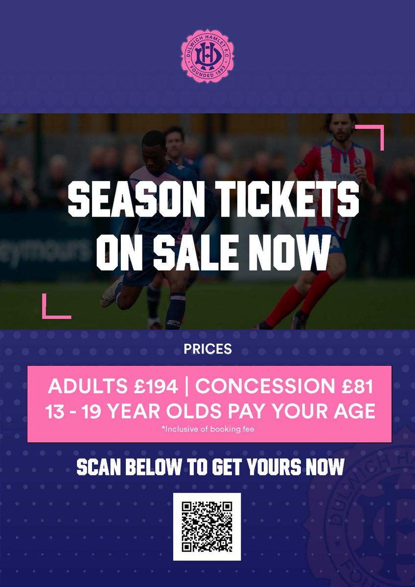 2022- 23 Season Tickets are now on sale🎟️

We are pleased to announce that season tickets for the 2022 23 season are now available for purchase.
For more details please visit our website.

pitchero.com/clubs/dulwichh…

#DHFC 💖💙