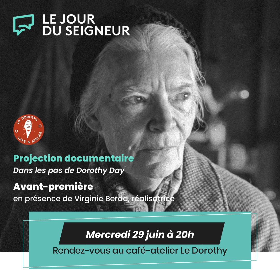 jourduseigneur's tweet photo. Avant-première 📣📽️ Ce mercredi à 20h, venez découvrir le film « Dans les pas de Dorothy Day », un magnifique #documentaire sur cette grande figure du christianisme engagé qui a inspiré la création du café-atelier Le Dorothy ☕️
Inscription par e-mail à communication@cfrt.tv 📧 https://t.co/Lcgekw8Ww5