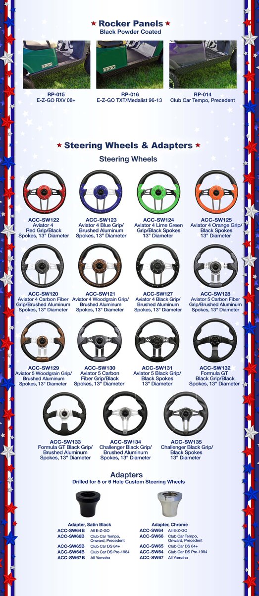 Happy 4th of July Sale! Check out our specials on RHOX Tire &amp; Wheel Combos, Lift Kits, Rocker Panels, Steering Wheels &amp; Adapters, Light Kits, Brake Pads, BYO Light Kits and Charge Meters! Please contact your Red Hawk dealer for pricing &amp; availability.