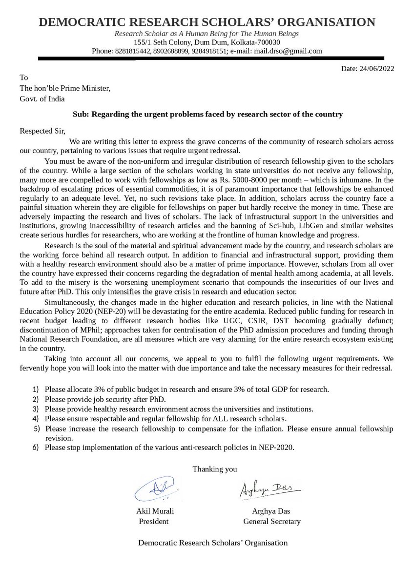 The newly elected National Council of #DRSO sent memorandum to the hon'ble <a href="/PMOIndia/">PMO India</a>, <a href="/EduMinOfIndia/">Ministry of Education</a> and heads of the several research bodies.

We appeal all scholars to form unity and convey our legitimate demands.

The letter to the hon'ble PM sent on 24.06.2022 is attached.