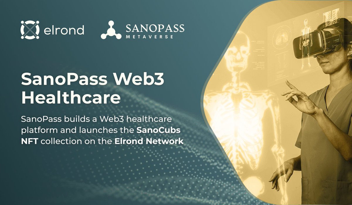 MultiversX_NFTs's tweet photo. The SanoPass startup, one of the leaders in healthcare and medtech, is developing a digital Web3 portal, providing access to health and wellness services through @sano_cubs, a wellbeing utility #NFT project using @ElrondNetwork blockchain technology 🩺

#NFTsOnElrond https://t.co/7oZJrwpcmz