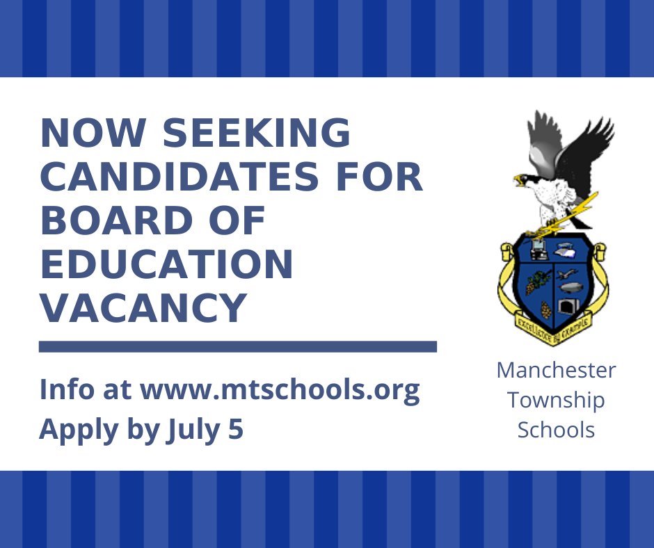 The Manchester Board of Education is seeking candidates to fill a vacancy on the board. Get details here: manchestertwp.org/news/posts/~bo…