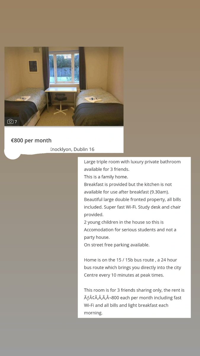 crazyhouseprice's tweet image. €2,400/month renting out 1 room in their house. The students get some cereal in the morning and not allowed in the kitchen after 9.30am. This is extortionate and preying on vulnerable students who have nowhere else to go. The greed in this country is sickening. #crazyhouseprices
