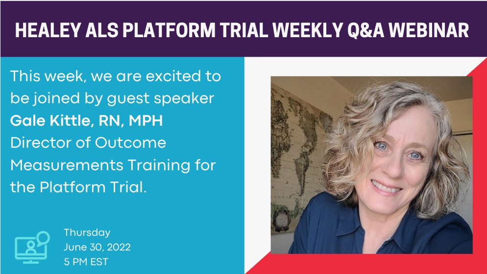 MGH Neurology (@mghneurology) on Twitter photo Please join us this Thursday 6/30 at 5 pm Eastern for the HEALEY ALS Platform Trial webinar with special guest Gale Kittle, RN, MPH, Director of Outcome Measurements Training. Register here: partners.zoom.us/webinar/regist…
#ALS #MND #HealeyHope <a href="/MDAorg/">Muscular Dystrophy Association</a> Please join us this Thursday 6/30 at 5 pm Eastern for the HEALEY ALS Platform Trial webinar with special guest Gale Kittle, RN, MPH, Director of Outcome Measurements Training. Register here: partners.zoom.us/webinar/regist…
#ALS #MND #HealeyHope <a href="/MDAorg/">Muscular Dystrophy Association</a>