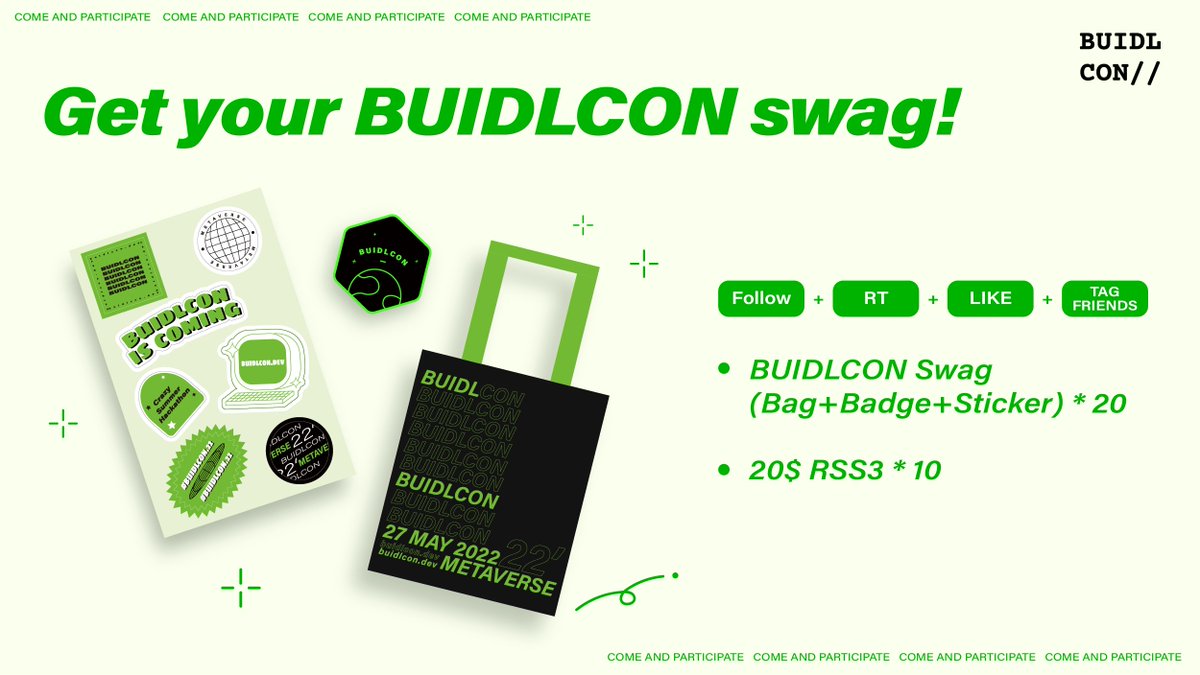 #BUIDLCON (@buidlcon_) on Twitter photo How to get Buildcon 2022 Swag:
☑️ Follow
☑️  RT
☑️  Like
☑️  Tag friends
🏆 July 4th will announce the random selected winners!
🥇 20 winners will receive Swag
🥈 10 winners will receive $RSS3, thanks <a href="/rss3_/">RSS3 🟦</a> 
👉 IMPORTANT: Winners will be drawn from: forms.gle/hH1mhYU4bcjA44… How to get Buildcon 2022 Swag:
☑️ Follow
☑️  RT
☑️  Like
☑️  Tag friends
🏆 July 4th will announce the random selected winners!
🥇 20 winners will receive Swag
🥈 10 winners will receive $RSS3, thanks <a href="/rss3_/">RSS3 🟦</a> 
👉 IMPORTANT: Winners will be drawn from: forms.gle/hH1mhYU4bcjA44…