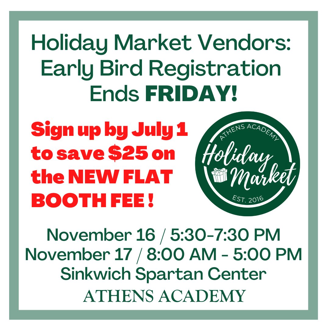 Early Bird Registration for the ACAD Holiday Market (November 16 &amp; 17) ends this Friday, July 1, so sign up today! With over 75 vendors from across the Southeast, this is one of the best-loved local markets for original, hand-crafted items!
athensacademy.org/community/holi…