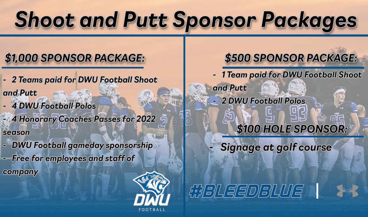 💥💥Last Week to Sign Up💥💥

Friday July 8th
10am Trap Shoot
1pm Golf Tourney
**Golf only option also

Get signed up this week! Click the link to sign up your team or be a hole sponsor!

store.dwu.edu/footballfundra…

Can’t wait for next week! #bleedblue