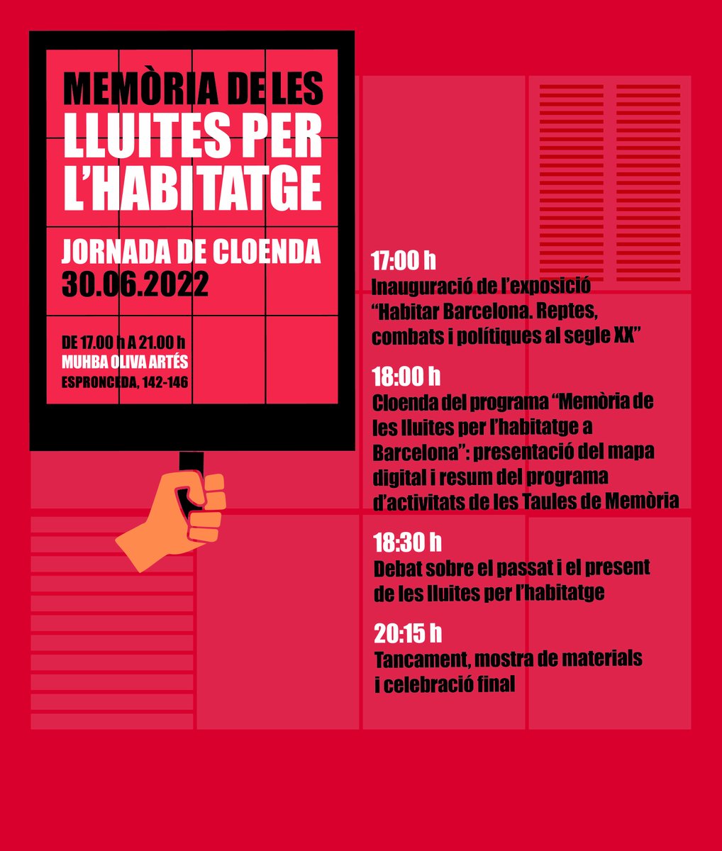 🏠✊ El divendres 30 de juny vine a la jornada de cloenda del programa #MemòriaHabitatgeBCN.

💻 S'hi presentarà el mapa digital de la memòria de les lluites per l'habitatge que hi hagut a la ciutat. 

A les 17 h
📍 MUHBA Oliva Artés

ℹ️ ajuntament.barcelona.cat/memoriademocra…